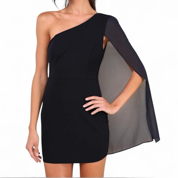 Lulus Majestic Energy Navy One-Shoulder Cape Sleeve Mini Dress – Size Small - Picture 1 of 9